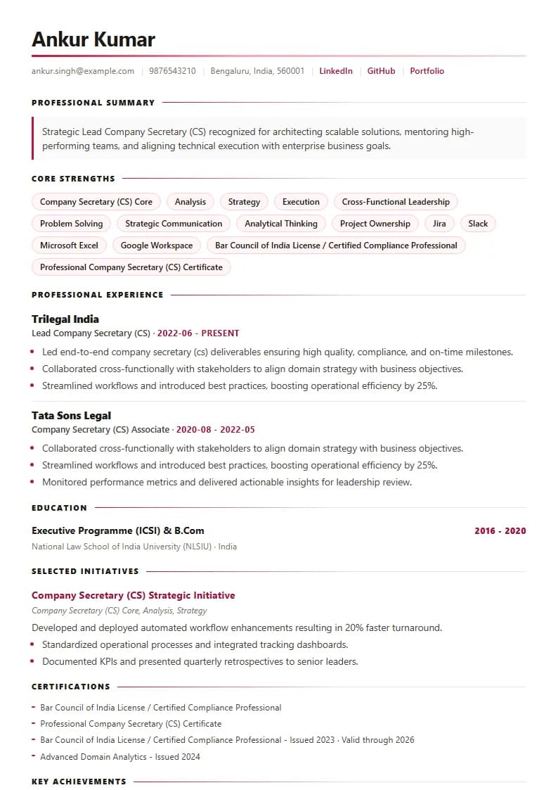 Lead Company Secretary (CS) Resume Example using Corporate Elite Resume template layout