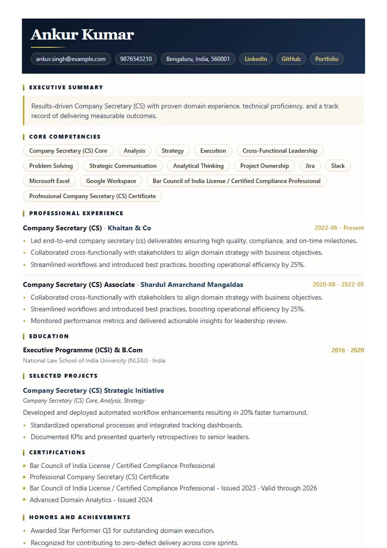 Company Secretary (CS) Resume Example using Compact Professional Azure template layout