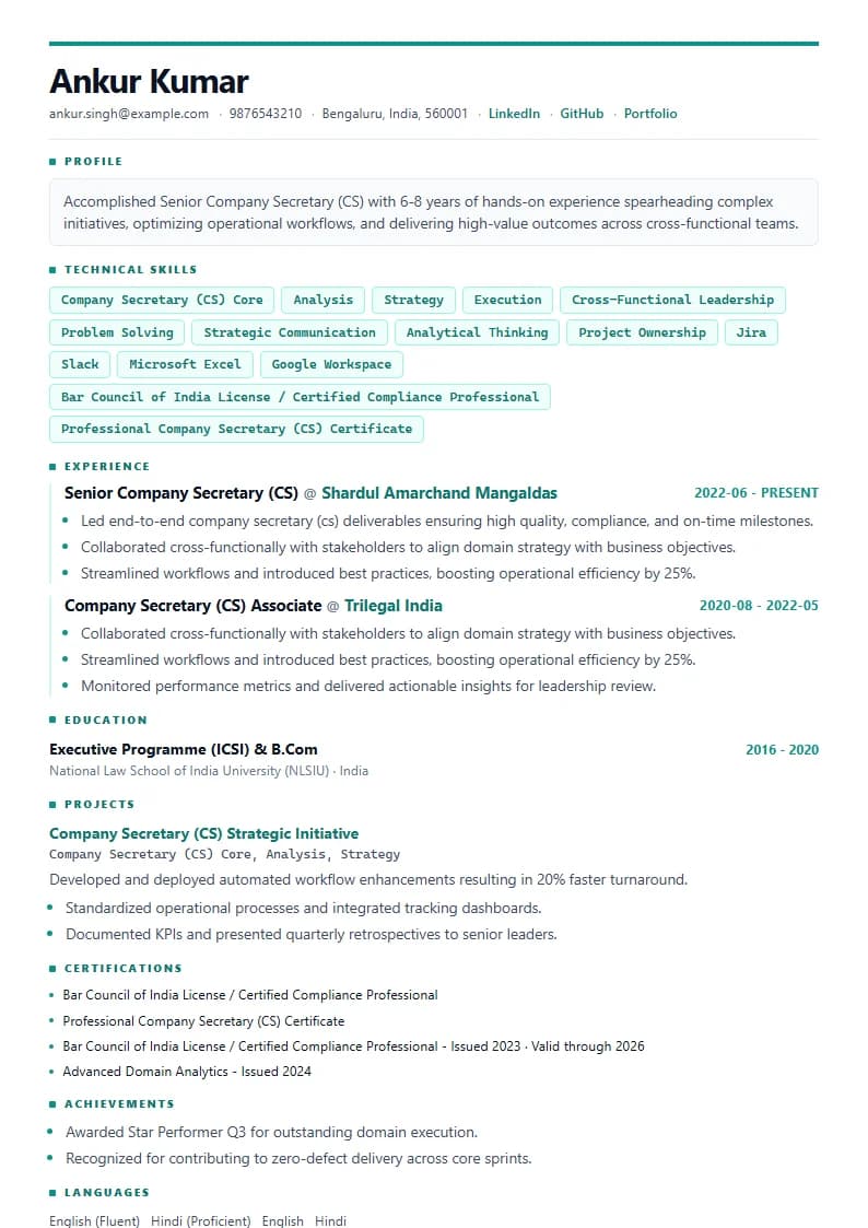 Senior Company Secretary (CS) Resume Example using Modern Professional template layout