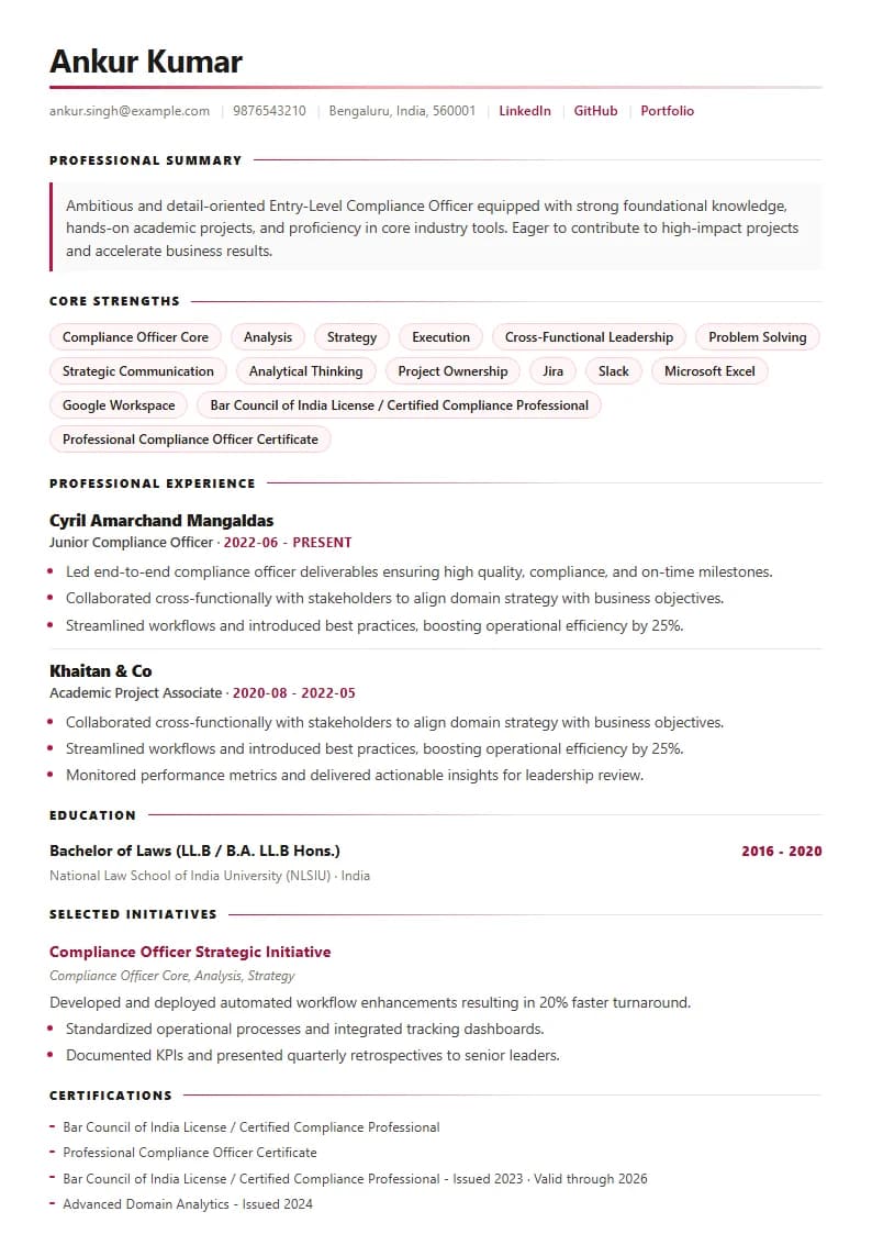 Entry-Level Compliance Officer Resume Example using Modern Professional template layout