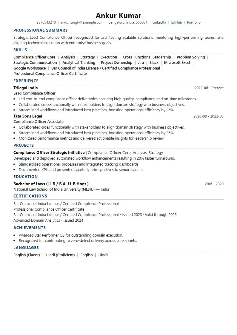 Lead Compliance Officer Resume Example using Silicon Teal Meridian template layout