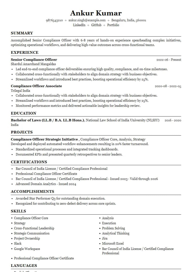 Senior Compliance Officer Resume Example using Executive Onyx Gold template layout