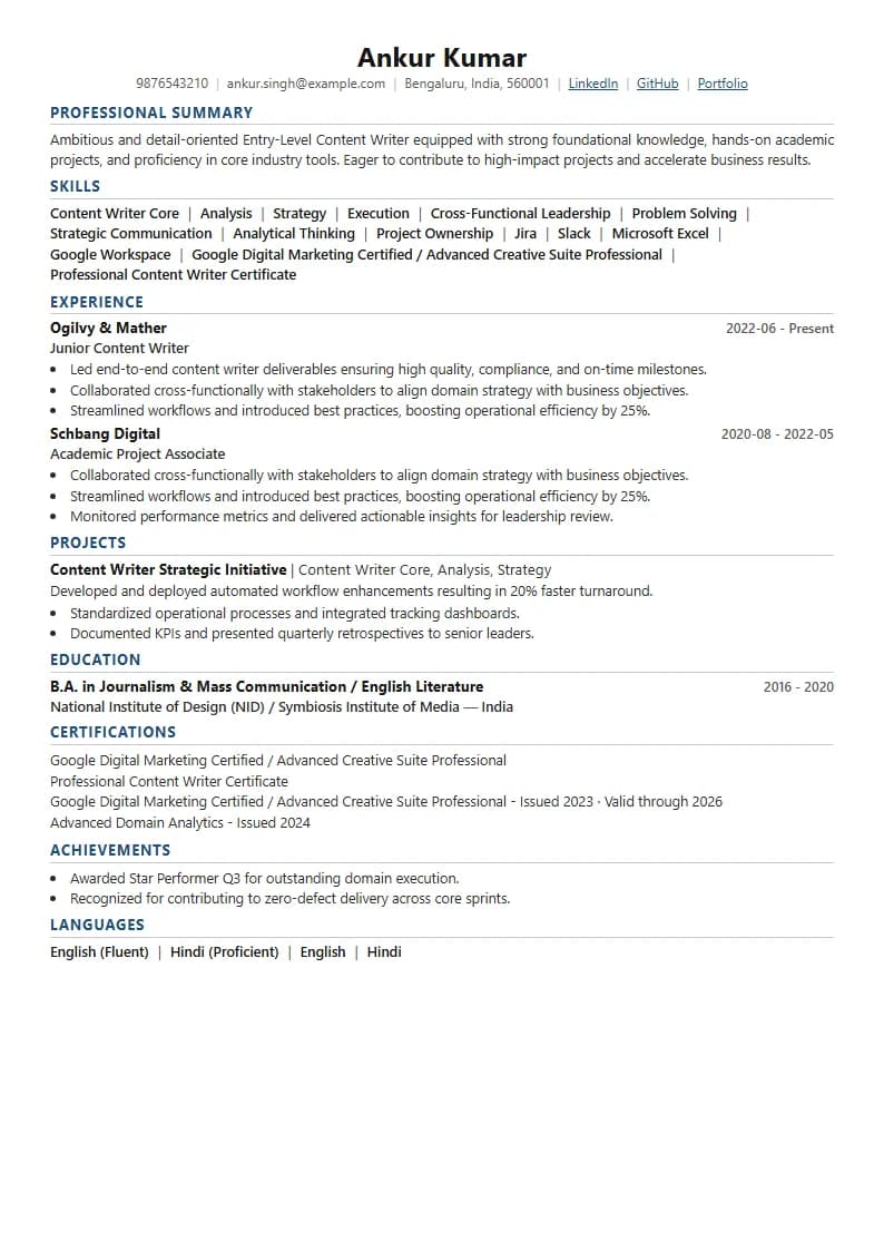 Entry-Level Content Writer Resume Example using Executive Onyx Gold template layout