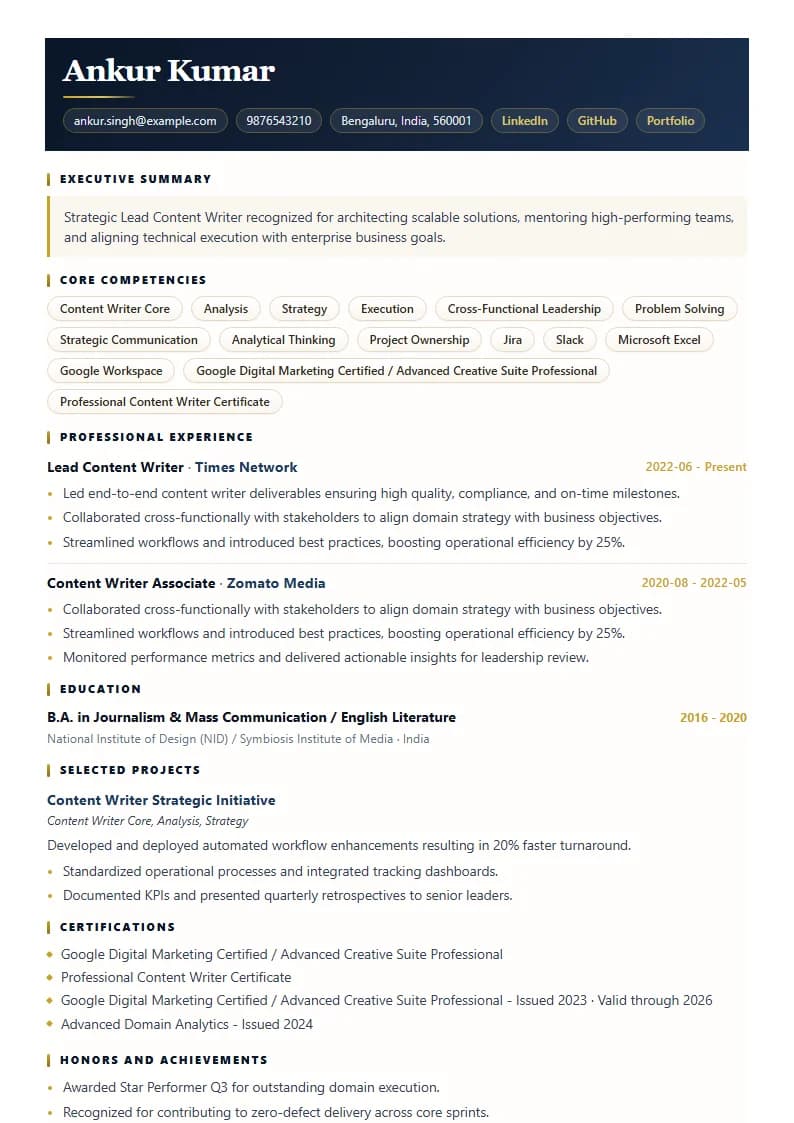 Lead Content Writer Resume Example using Crisp Column Slate template layout