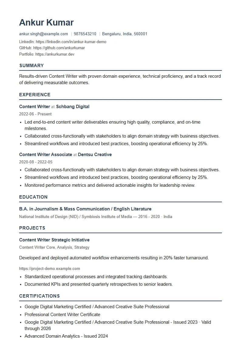 Content Writer Resume Example using Silicon Teal Meridian template layout