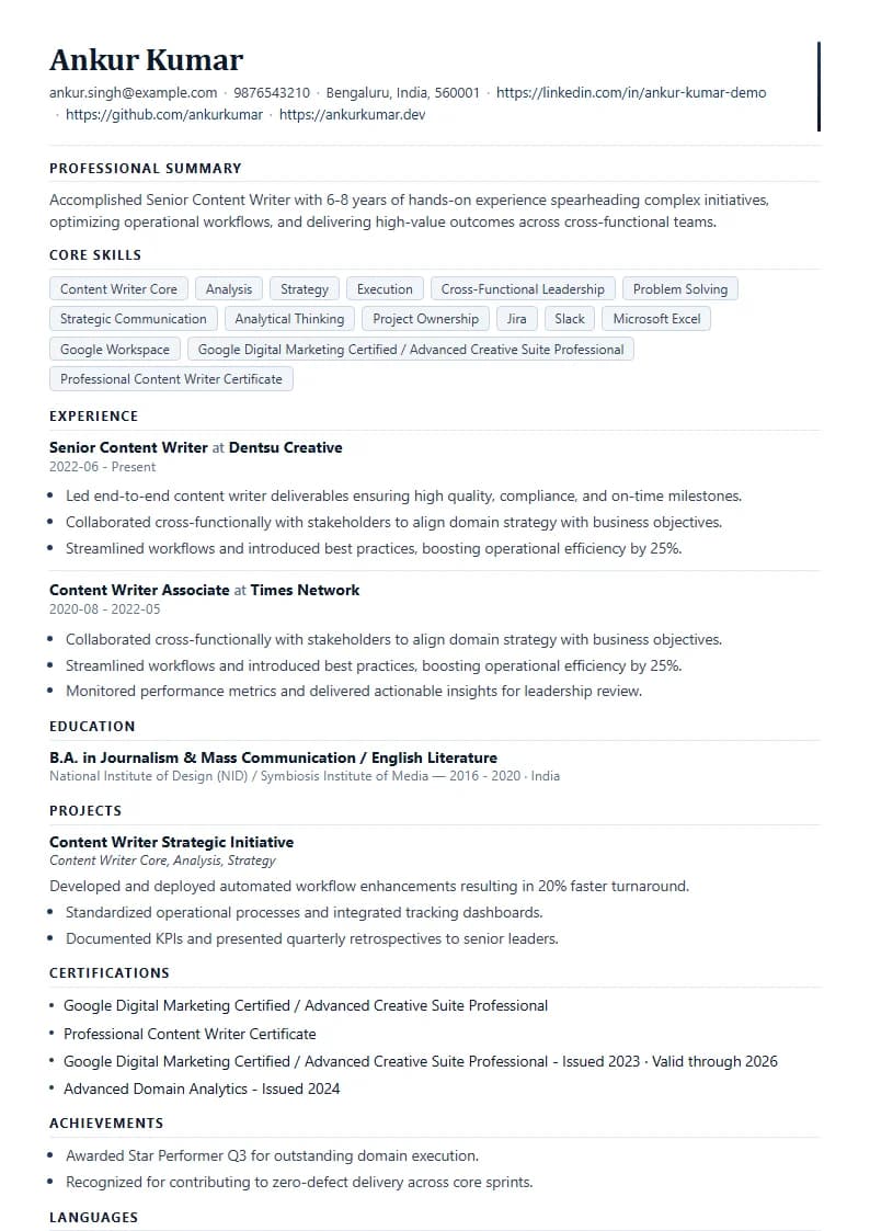 Senior Content Writer Resume Example using Mercator Marketing Executive template layout