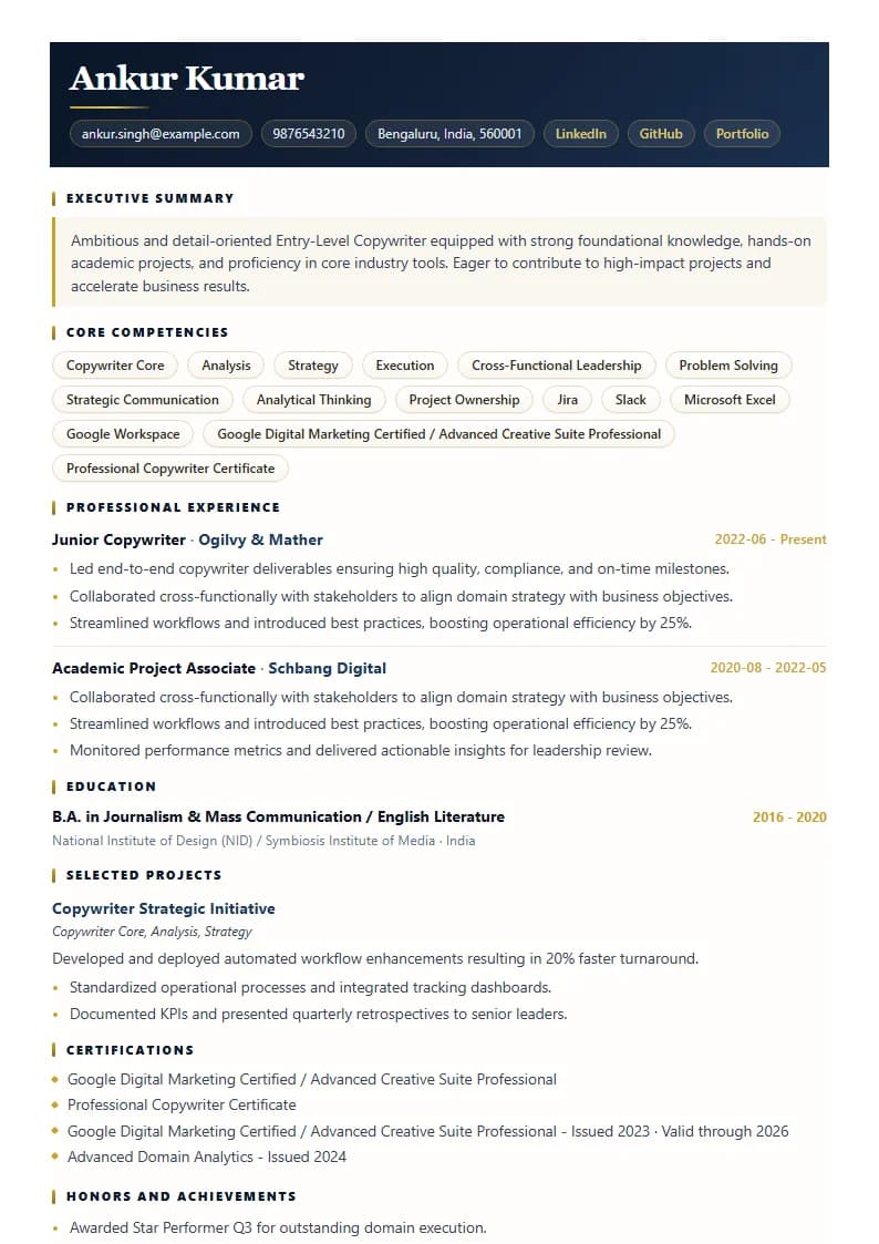 Entry-Level Copywriter Resume Example using Mercator Marketing Executive template layout