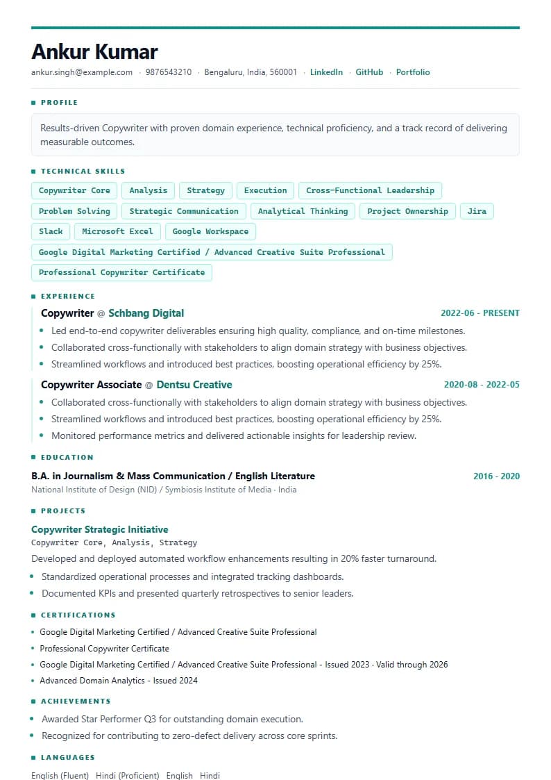 Copywriter Resume Example using Crisp Column Slate template layout