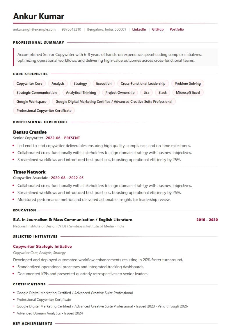 Senior Copywriter Resume Example using Timeless Serif Classic template layout