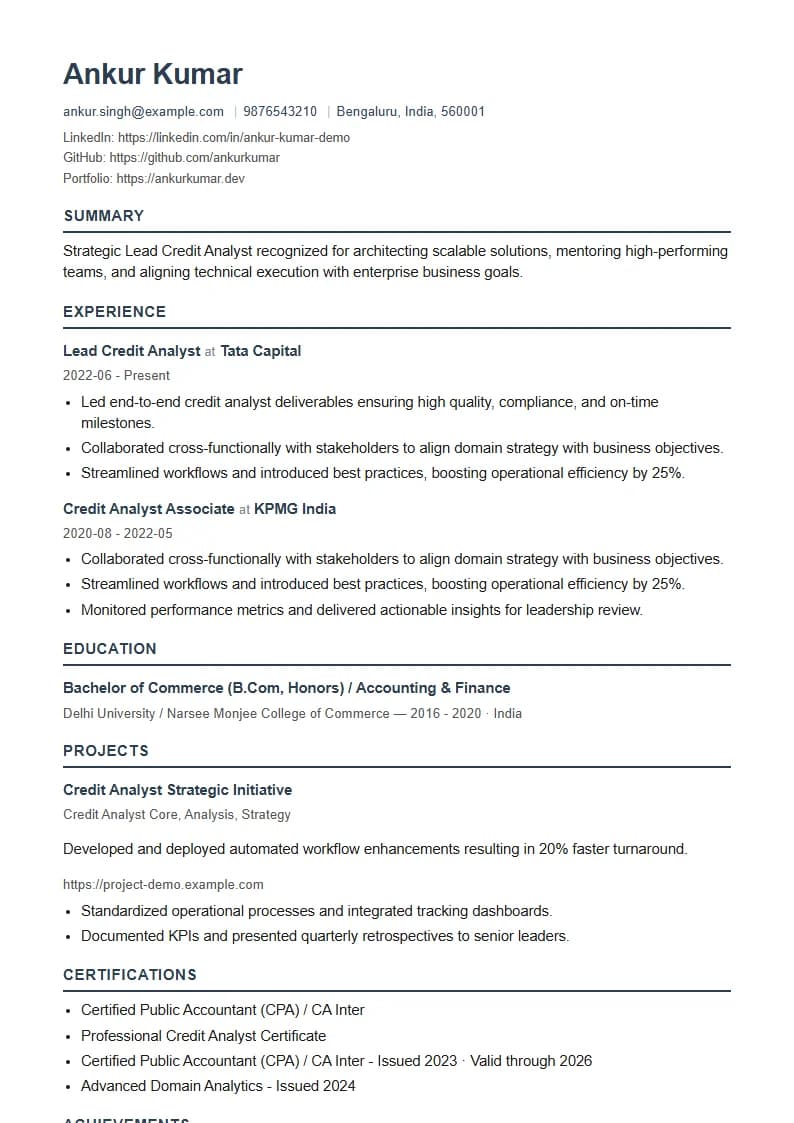 Lead Credit Analyst Resume Example using Corporate Elite Resume template layout