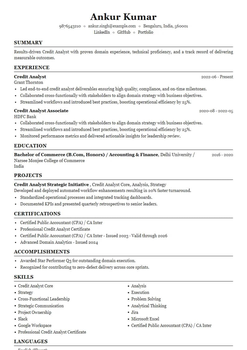 Credit Analyst Resume Example using Compact Professional Azure template layout