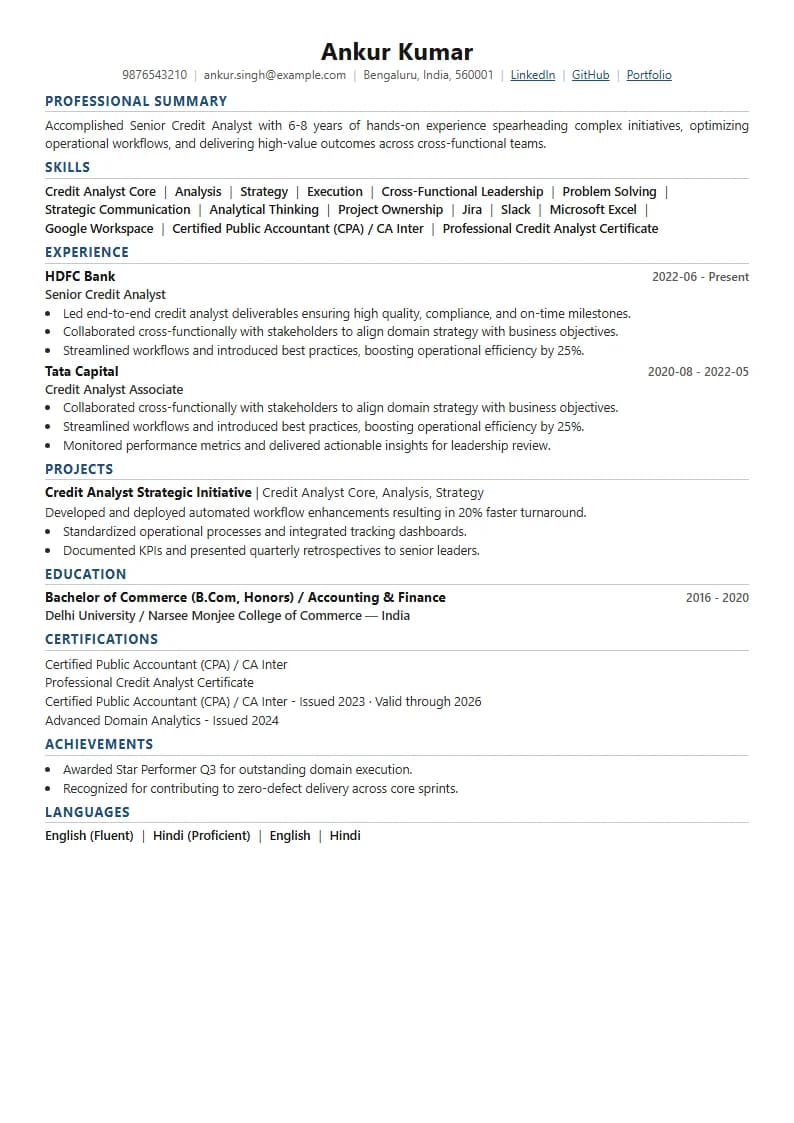 Senior Credit Analyst Resume Example using Modern Professional template layout