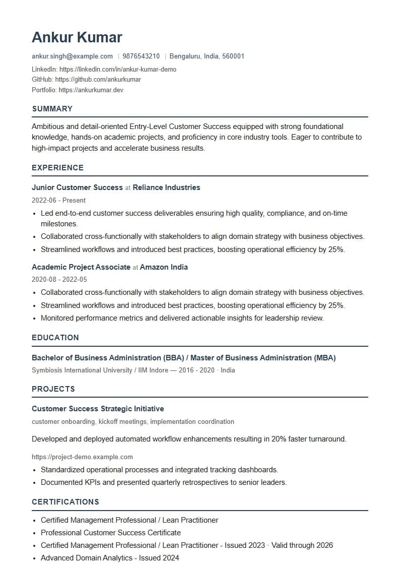 Entry-Level Customer Success Resume Example using Modern Professional template layout