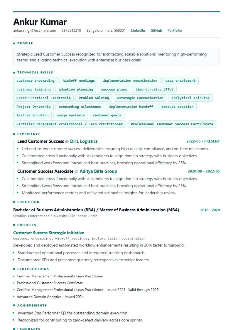 Lead Customer Success Resume Example using Silicon Teal Meridian template layout
