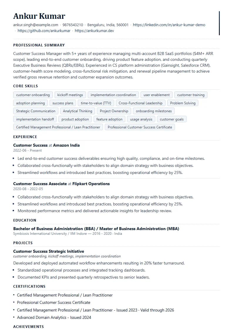 Customer Success Resume Example using Corporate Elite Resume template layout