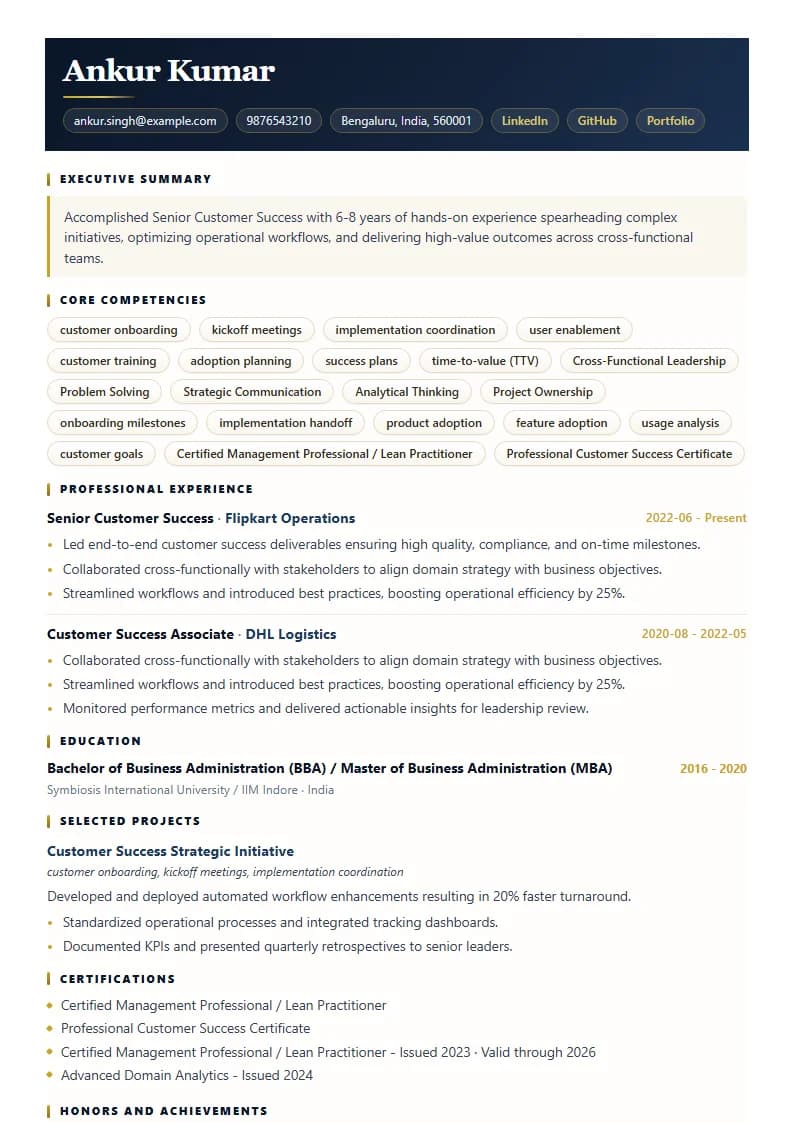 Senior Customer Success Resume Example using Executive Onyx Gold template layout