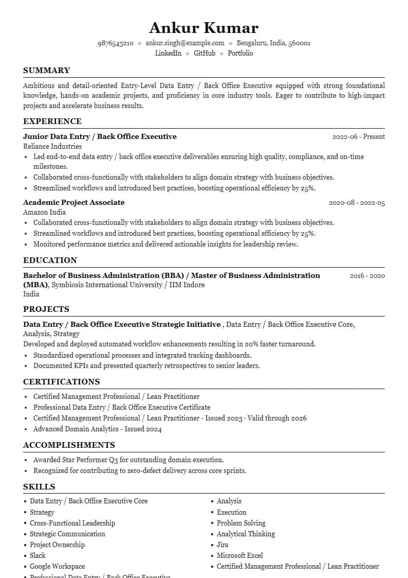 Entry-Level Data Entry / Back Office Executive Resume Example using Mercator Marketing Executive template layout