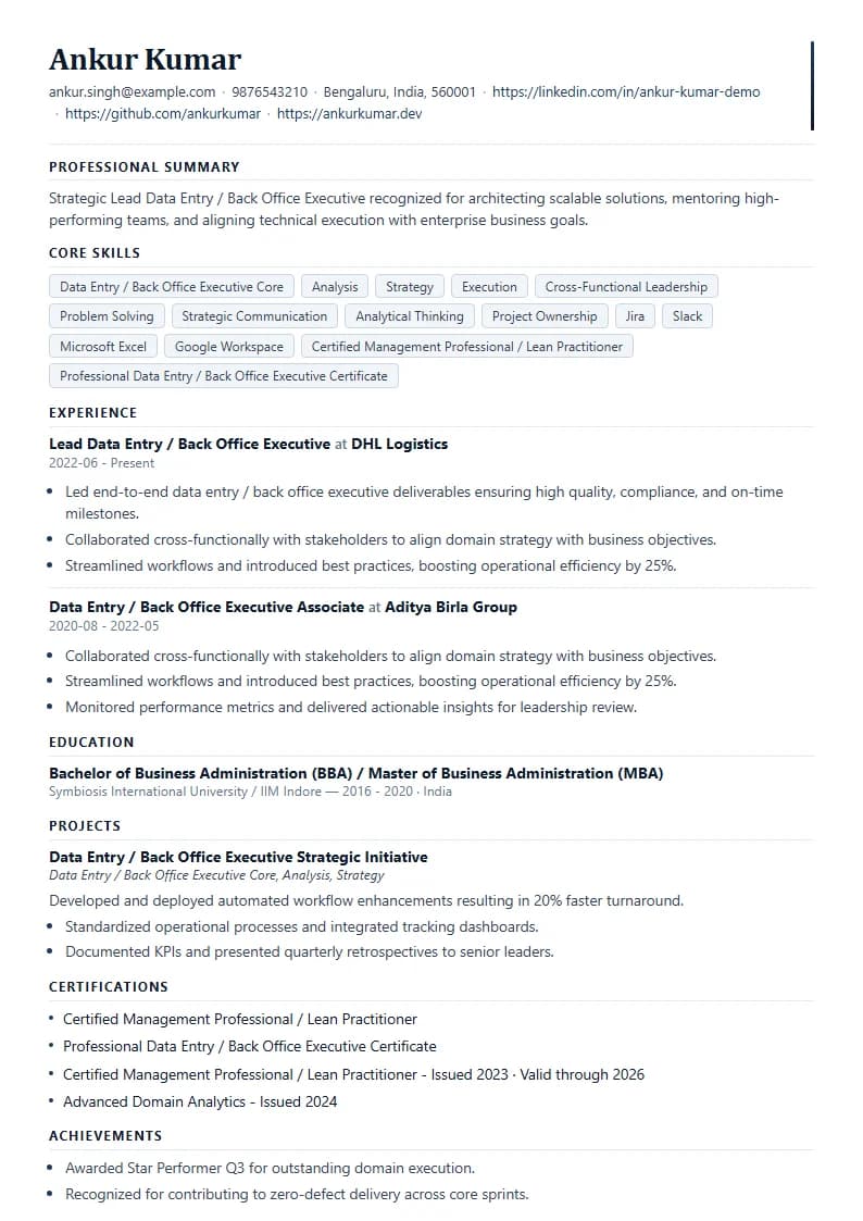 Lead Data Entry / Back Office Executive Resume Example using Compact Professional Azure template layout