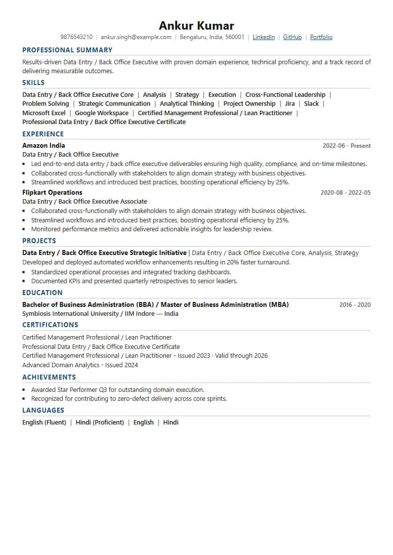 Data Entry / Back Office Executive Resume Example using Crisp Column Slate template layout