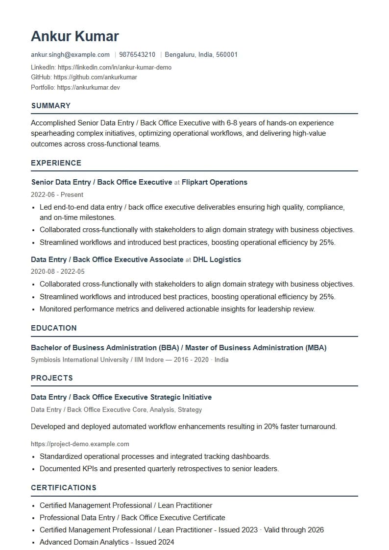 Senior Data Entry / Back Office Executive Resume Example using Timeless Serif Classic template layout