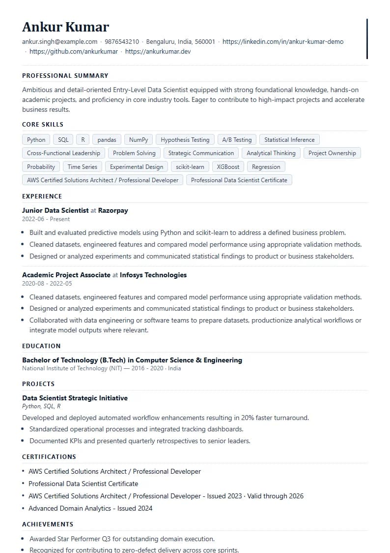 Entry-Level Data Scientist Resume Example using Timeless Serif Classic template layout