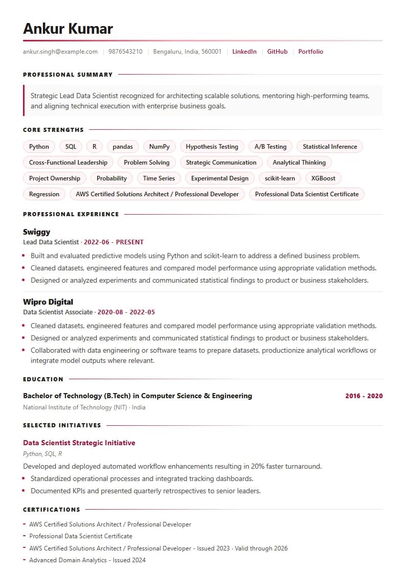 Lead Data Scientist Resume Example using Corporate Elite Resume template layout