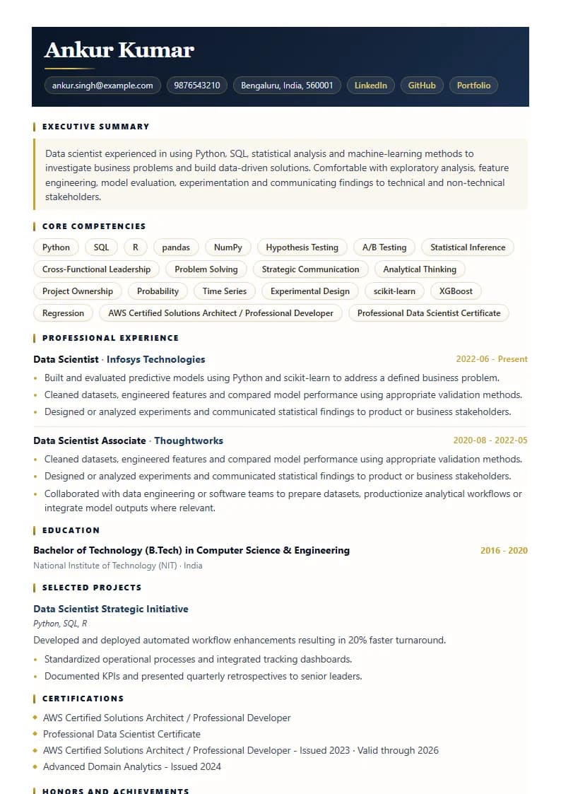 Data Scientist Resume Example using Compact Professional Azure template layout