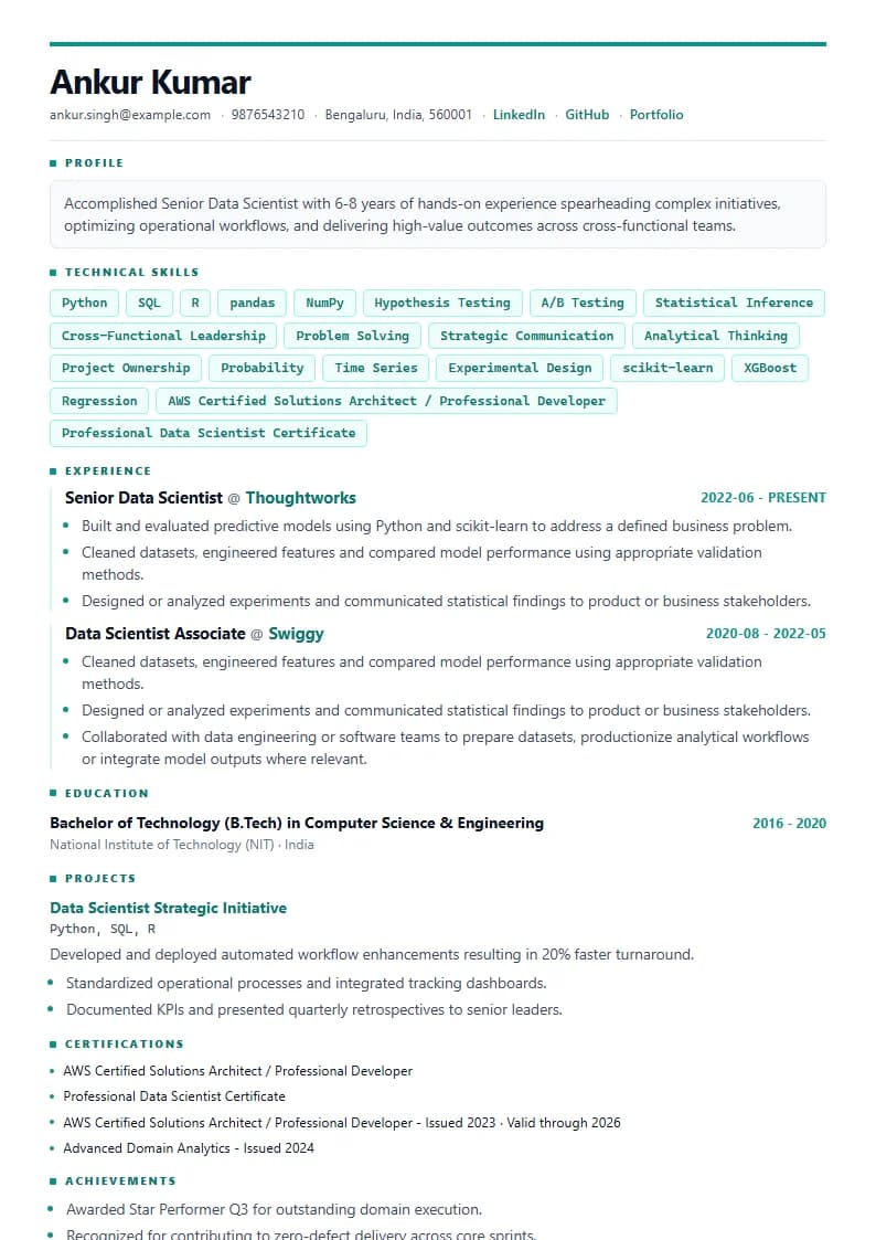 Senior Data Scientist Resume Example using Modern Professional template layout