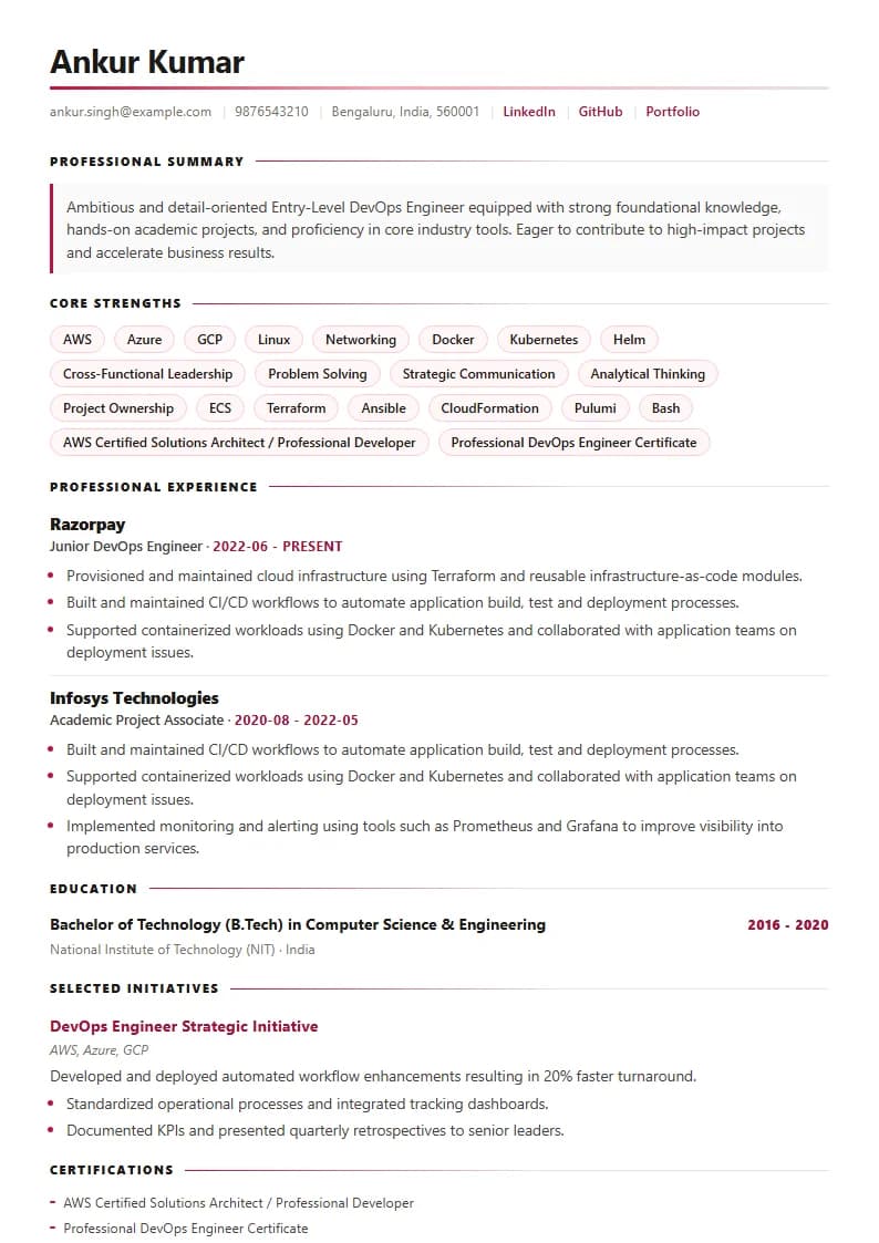 Entry-Level DevOps Engineer Resume Example using Modern Professional template layout