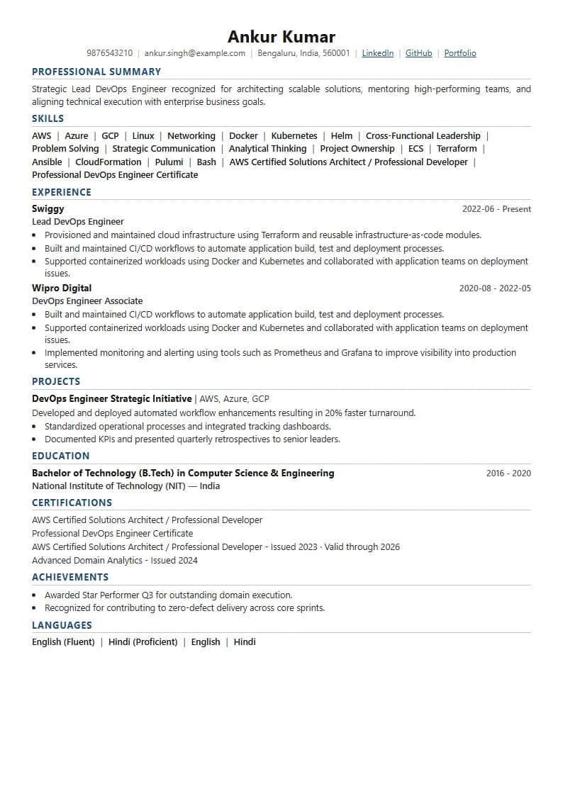 Lead DevOps Engineer Resume Example using Silicon Teal Meridian template layout