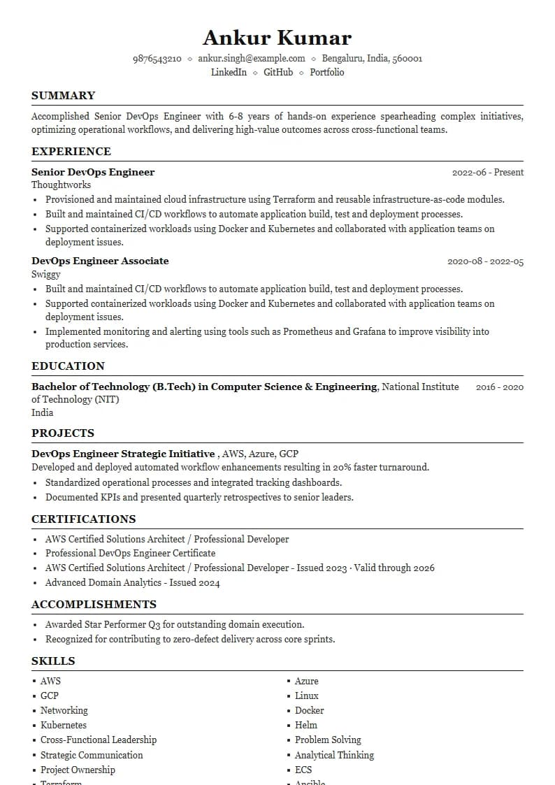 Senior DevOps Engineer Resume Example using Executive Onyx Gold template layout