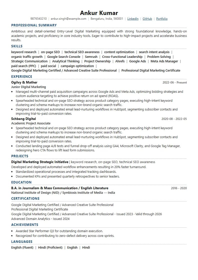 Entry-Level Digital Marketing Resume Example using Executive Onyx Gold template layout