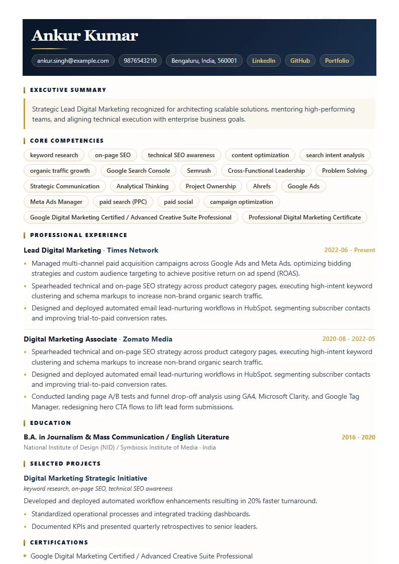 Lead Digital Marketing Resume Example using Crisp Column Slate template layout