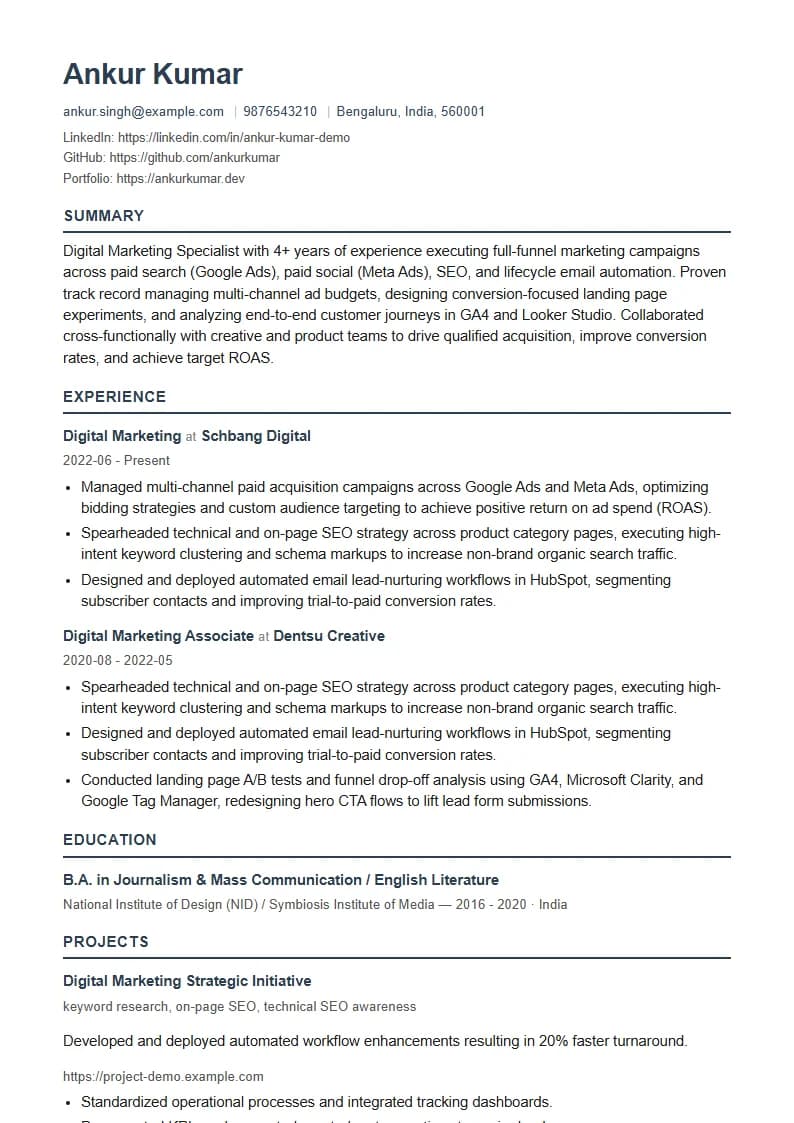 Digital Marketing Resume Example using Silicon Teal Meridian template layout