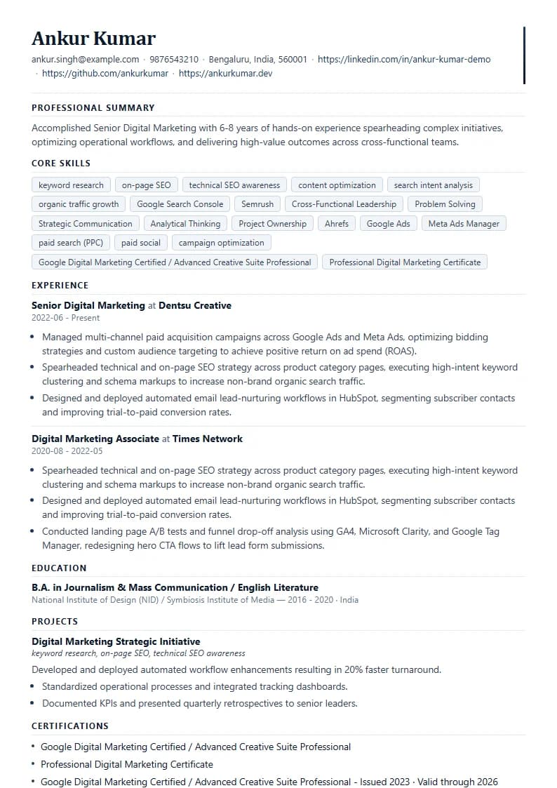 Senior Digital Marketing Resume Example using Mercator Marketing Executive template layout