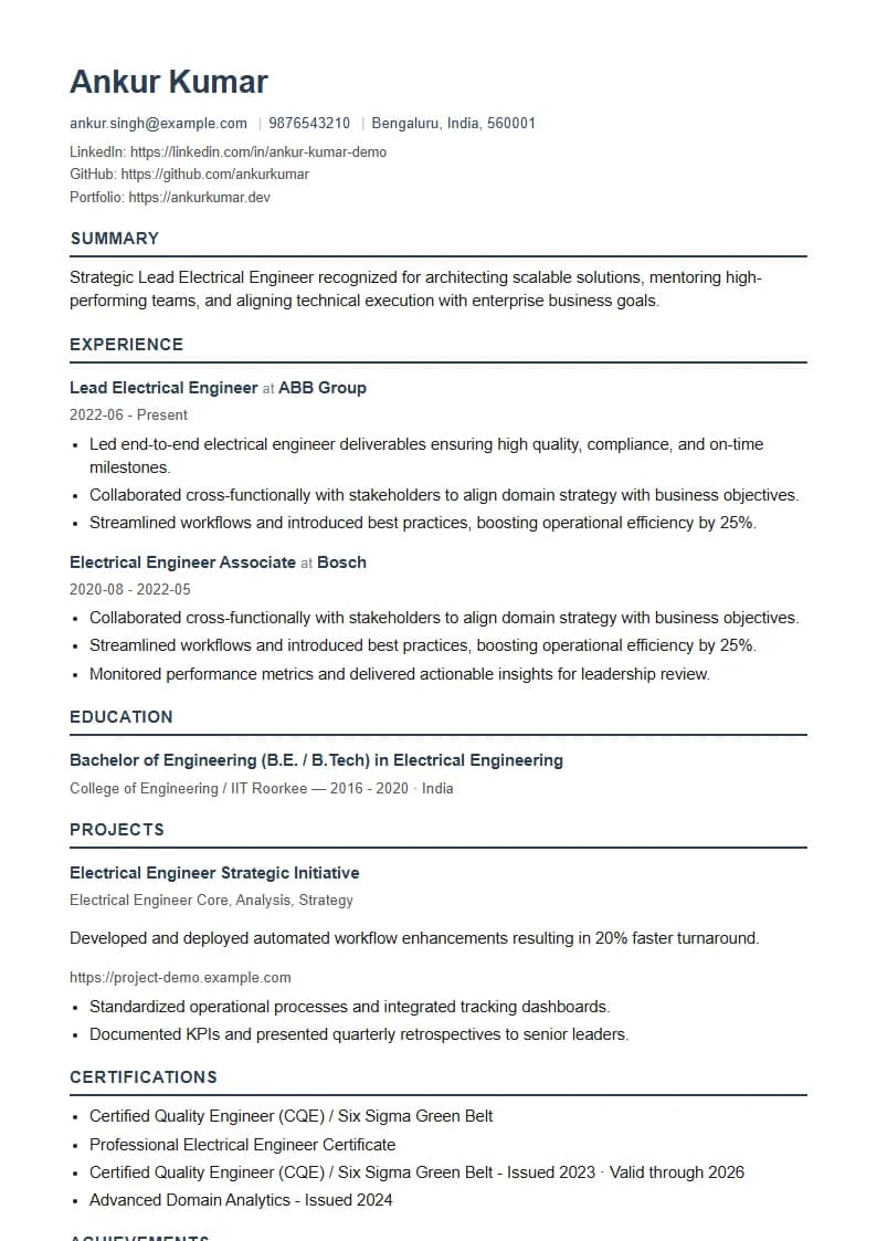 Lead Electrical Engineer Resume Example using Corporate Elite Resume template layout