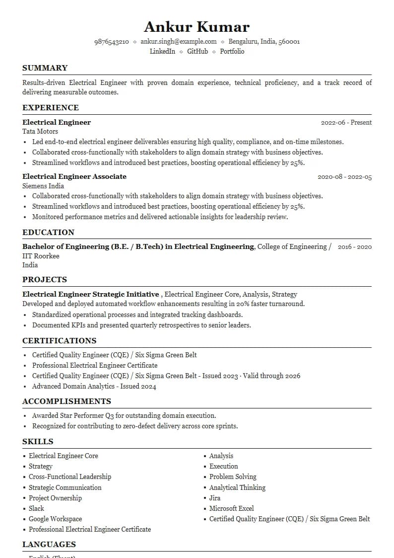 Electrical Engineer Resume Example using Compact Professional Azure template layout