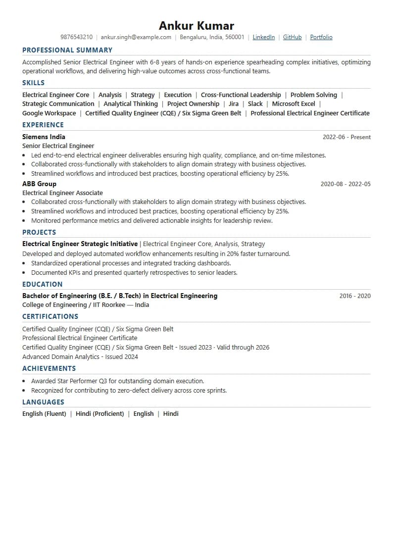 Senior Electrical Engineer Resume Example using Modern Professional template layout