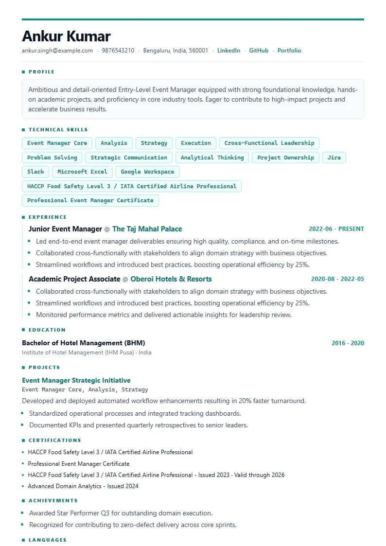 Entry-Level Event Manager Resume Example using Executive Onyx Gold template layout