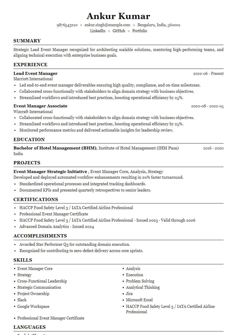 Lead Event Manager Resume Example using Crisp Column Slate template layout