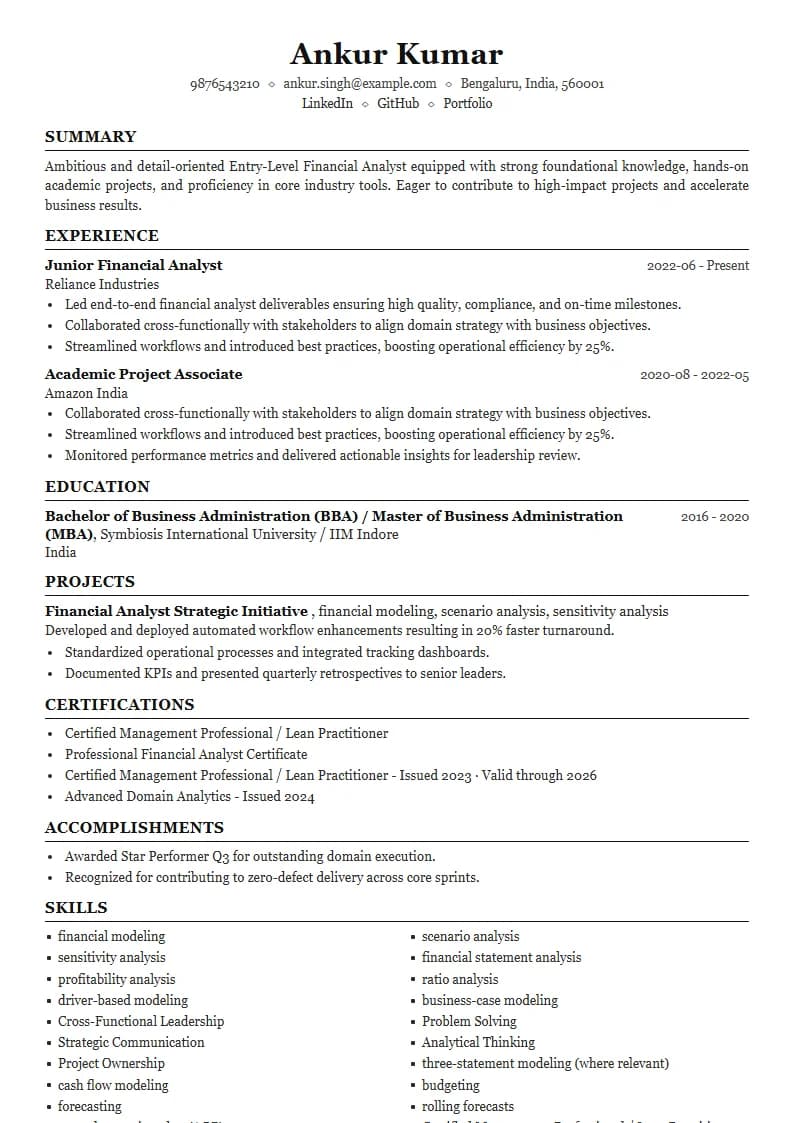 Entry-Level Financial Analyst Resume Example using Mercator Marketing Executive template layout