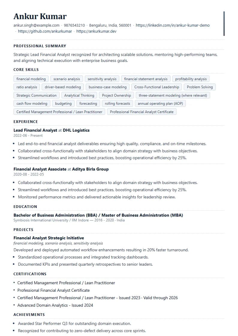 Lead Financial Analyst Resume Example using Compact Professional Azure template layout