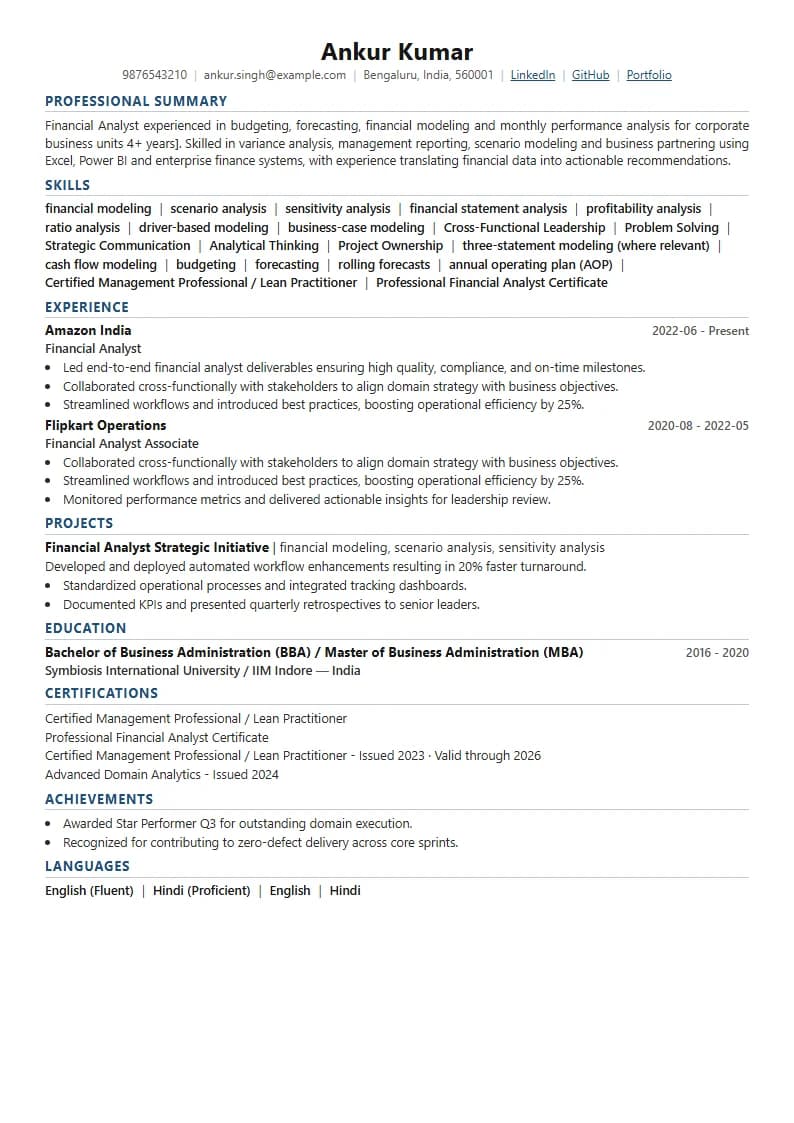 Financial Analyst Resume Example using Crisp Column Slate template layout