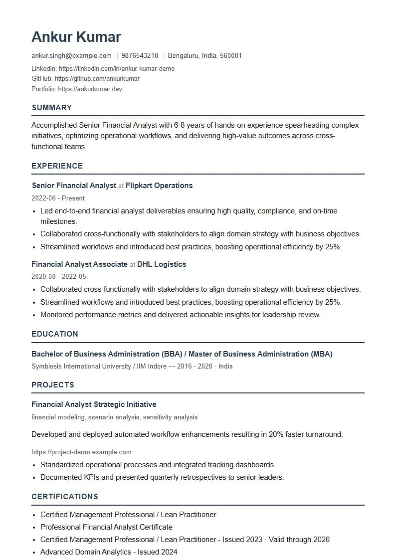 Senior Financial Analyst Resume Example using Timeless Serif Classic template layout