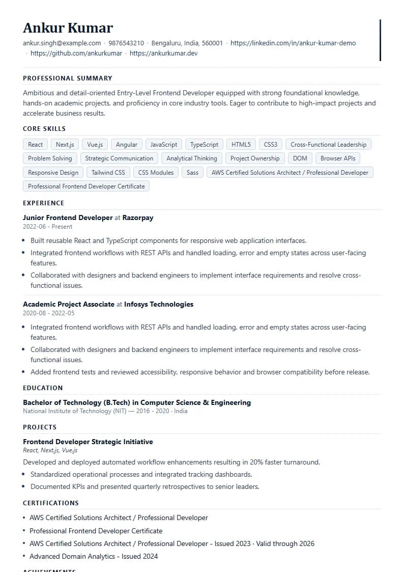 Entry-Level Frontend Developer Resume Example using Timeless Serif Classic template layout