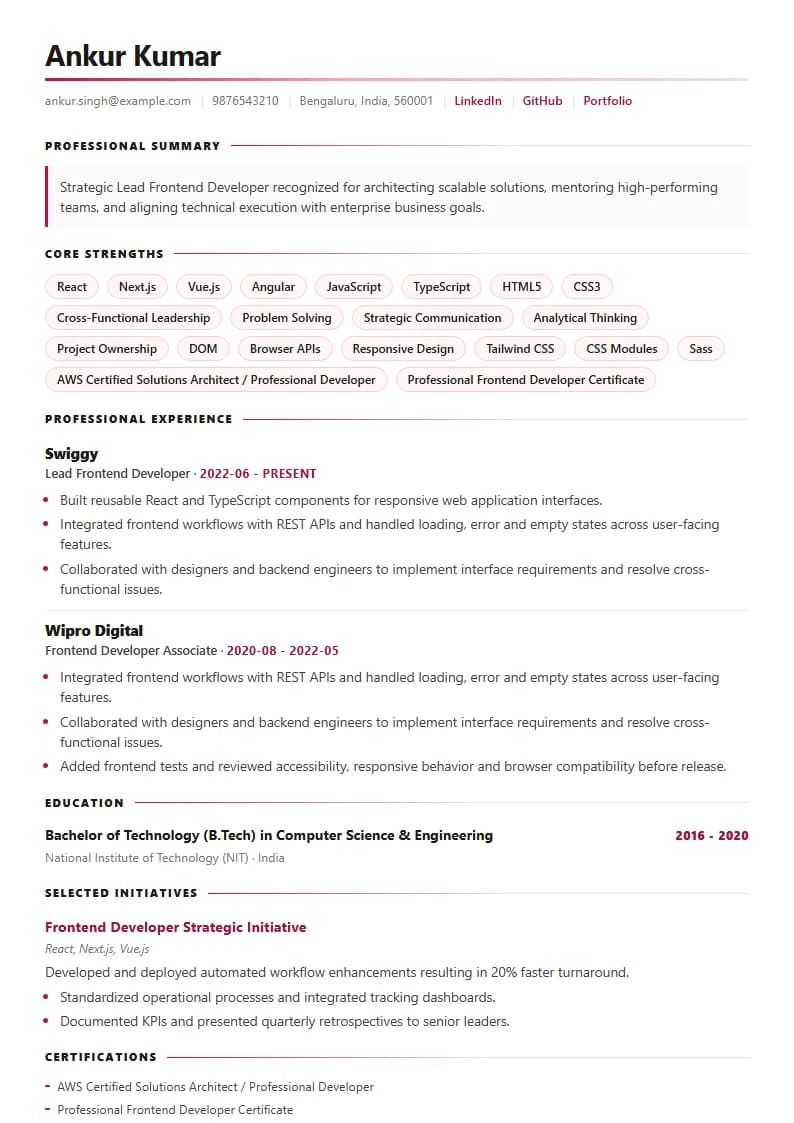 Lead Frontend Developer Resume Example using Corporate Elite Resume template layout