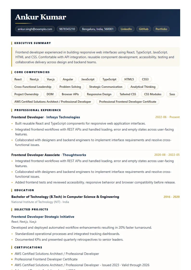 Frontend Developer Resume Example using Compact Professional Azure template layout
