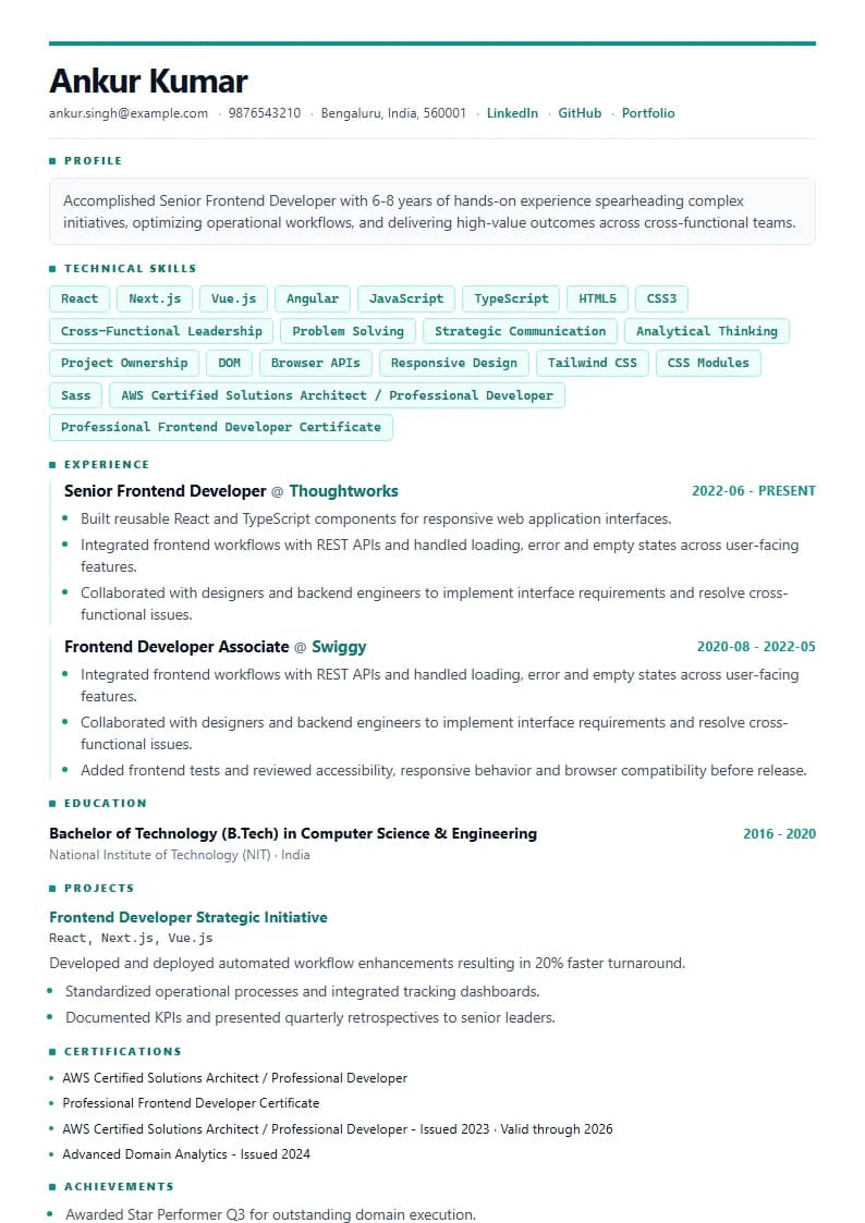 Senior Frontend Developer Resume Example using Modern Professional template layout