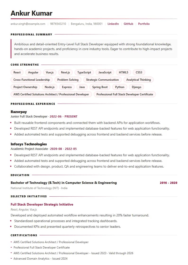 Entry-Level Full Stack Developer Resume Example using Modern Professional template layout