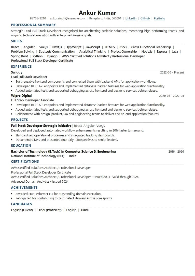 Lead Full Stack Developer Resume Example using Silicon Teal Meridian template layout